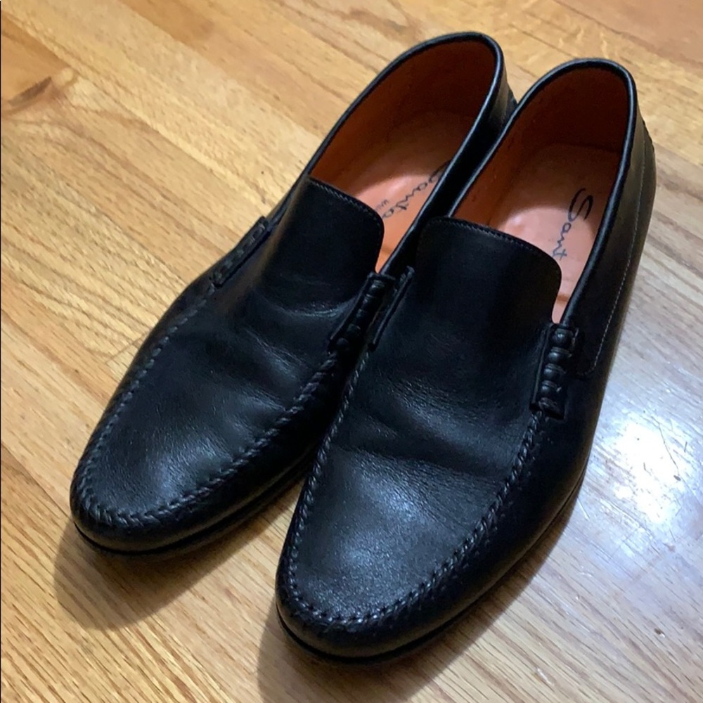Santoni Black Genuine Leather Loafers